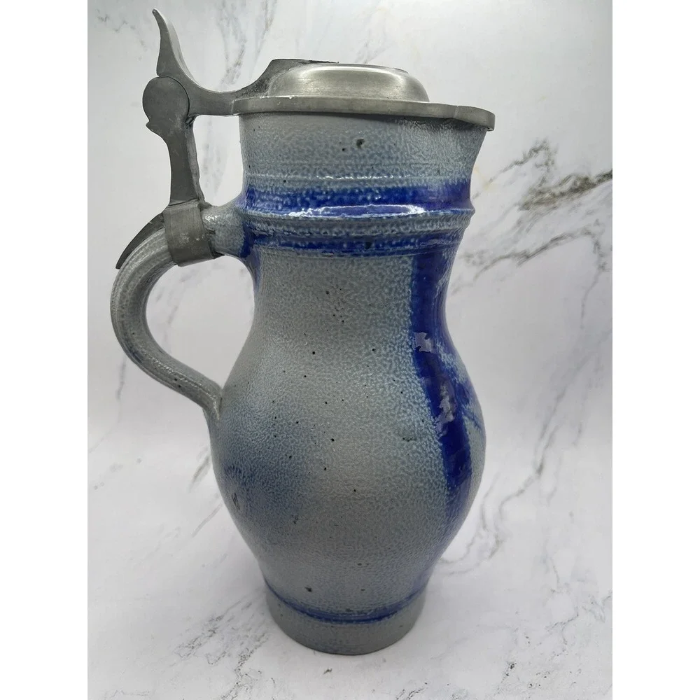Vintage‎ Stoneware Salt Glazed Stein/Tankard Cobalt Blue w/Pewter Lid 8.5